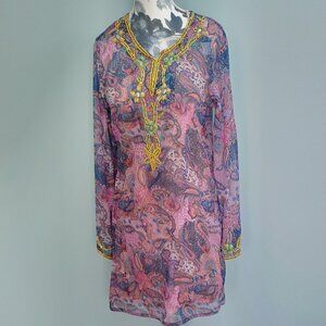 Summer Silk Print Beaded Tunic Dress, size S